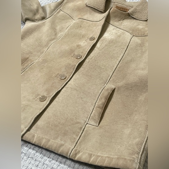 Vintage Esprit Suede Leather Sherpa Lined Button Up Coat Tan Size Large - Picture 10 of 14
